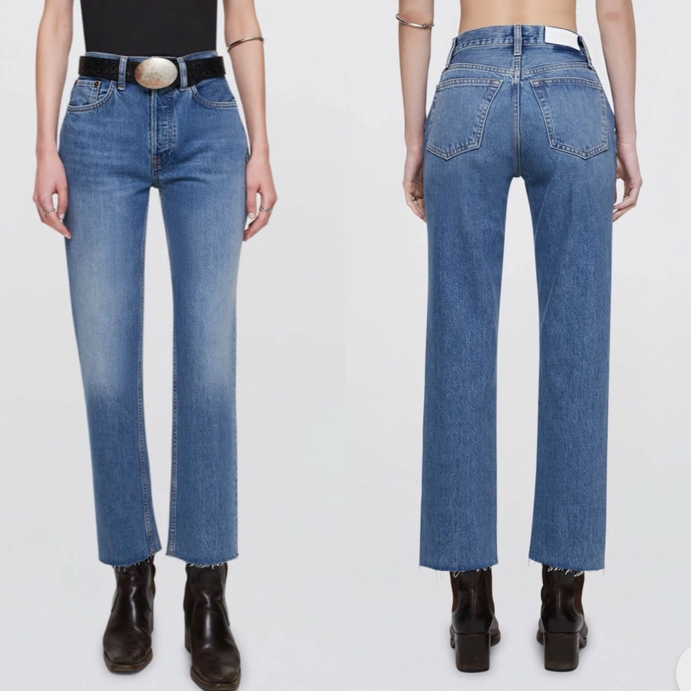 Re/Done 70s Stove Pipe Medium Vain Blue High Rise Straight Leg Raw Hem SZ 26 NEW